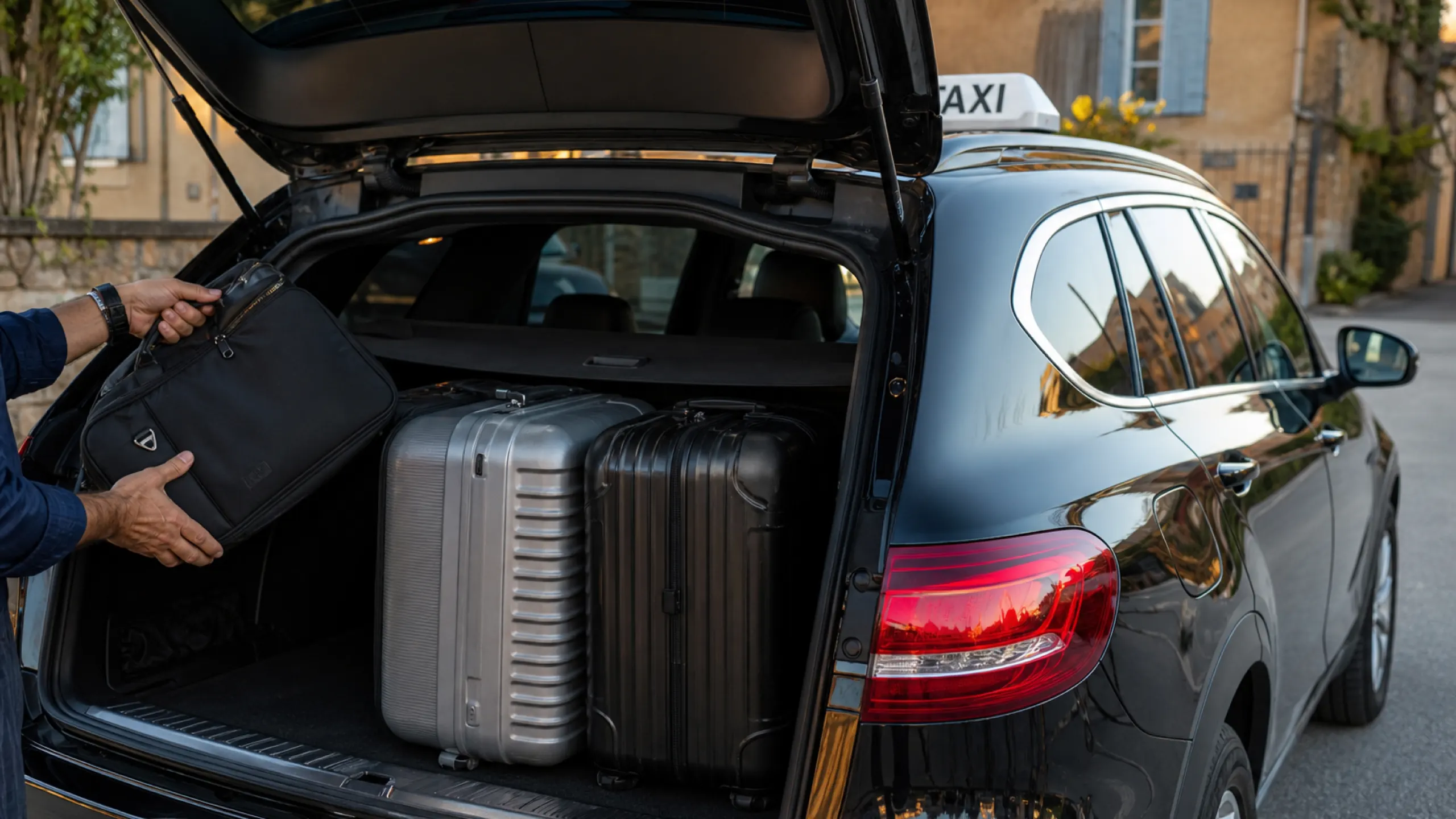 Chargement de valises dans le coffre d'un taxi avant un départ en train