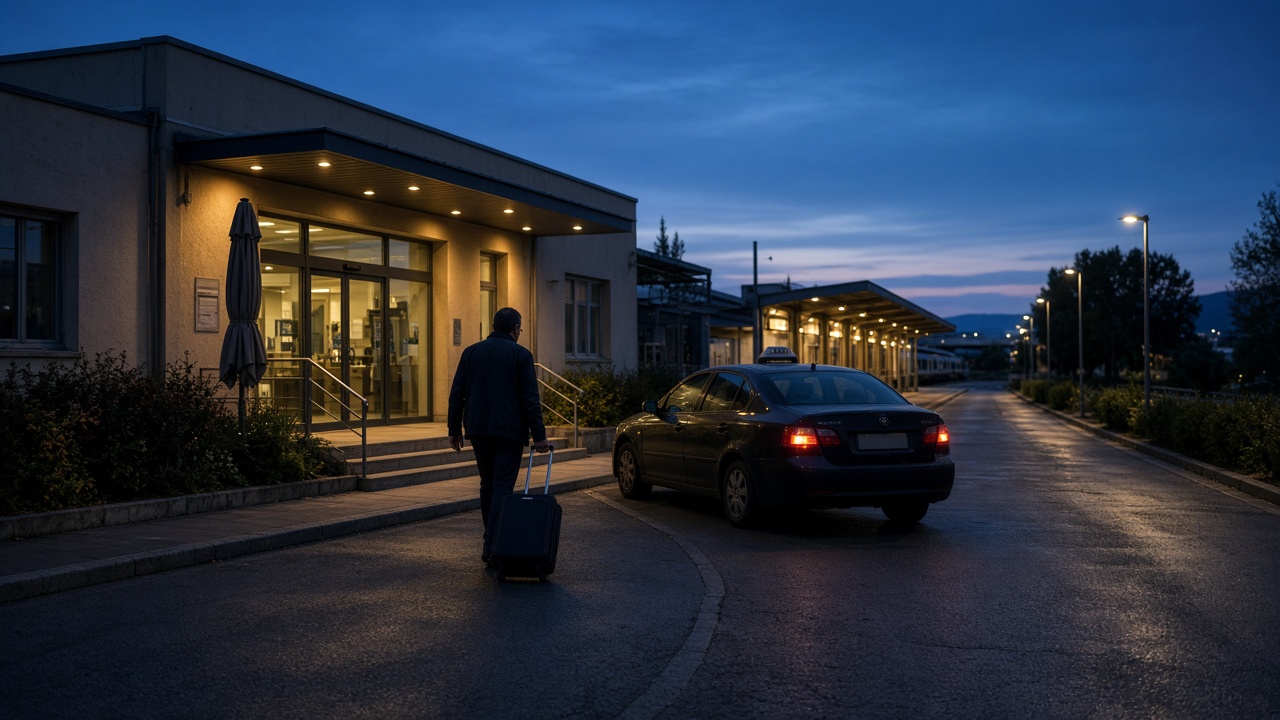 Retour en taxi après un train, gare régionale en soirée